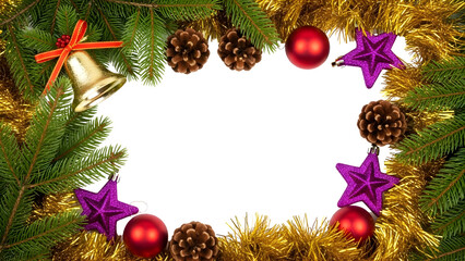 Christmas frame with fir branches gold tinsel and ornaments festive decoration for holiday season greetings and invitations isolated on white isolated on white backgro