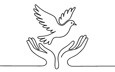 One-Line Drawing of Hands Releasing a Dove of Peace