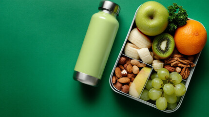 Still life of a green water bottle and a lunch box filled with healthy food