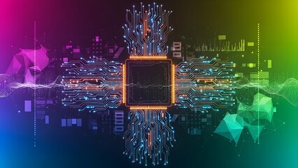 Illuminated central processing unit with circuit board lines on a colorful background