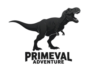 Pixel Art Dark Gray Tyrannosaurus Rex Dinosaur Standing Roaring With Primeval Adventure Text Below Isolated On Black Background
