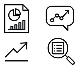 Black business icons: chart, speech bubble, arrow, magnifying glass on dark gradient