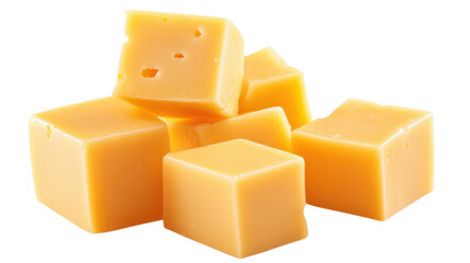Cheddar cheese cubes are stacked, displaying their vibrant orange color and smooth texture for snacking or cooking.