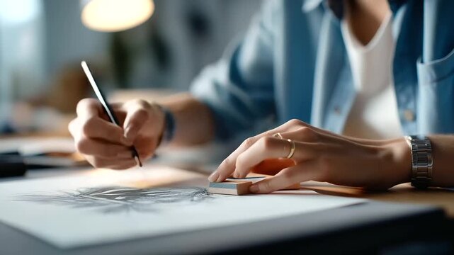 Hands erasing and refining pencil sketch face obscured sketch revision drawing refinement pencil work design editing hand illustration sketch process paper and eraser work