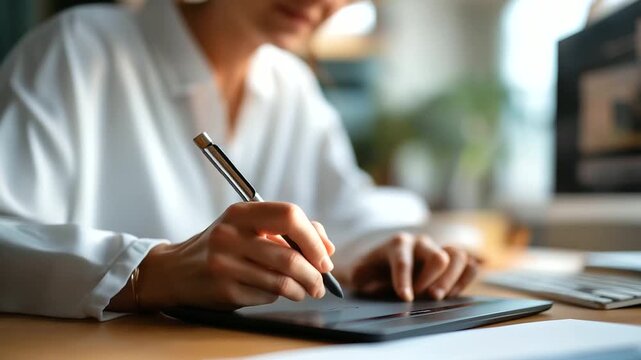 Hands drawing on graphic tablet with stylus pen face not visible digital illustration graphic design work pen tablet creative process designer workspace sketching digitally