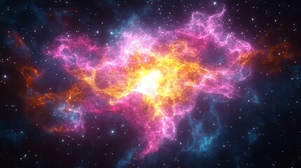 Fototapeta premium A Stunning Cosmic Landscape Featuring a Vibrant Nebula, Fiery Clouds, and a Dazzling Starfield