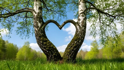 Birch trees forming a heart shape in nature