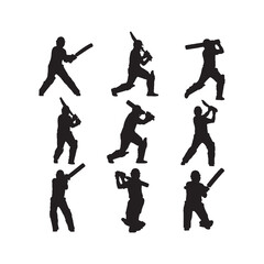 Cricket Batsman Action Silhouette Vector Set