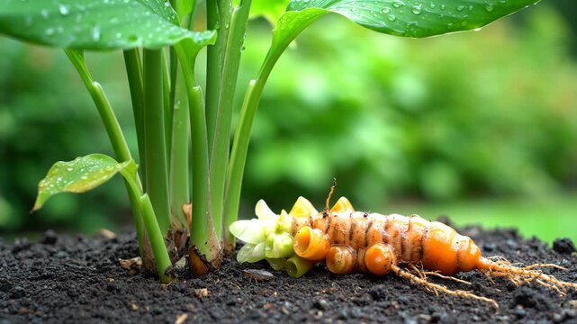 Turmeric plant with roots in soil featuring green stems leaves with water droplets and the orange root visible near the base