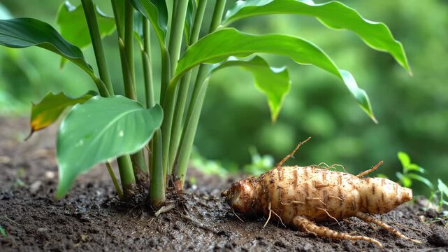 Turmeric rhizome lies next to a turmeric plant in soil roots exposed against a blurred green background