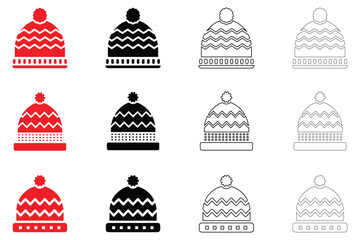 knitted winter hat vector icon, winter apparel hat vector, silhouette and line art