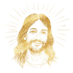 Golden portrait Jesus Christ freehand. Texture of writing gold materials. Handwritten pencil strokes. Hand drawn christian biblical line art. Christianity symbol.
