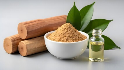 Sandalwood still life with powder and oil
