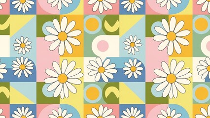 Retro Floral Pattern with Daisies and Geometric Shapes.