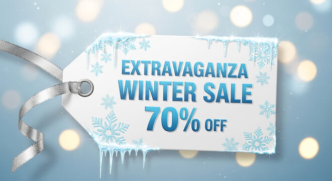 White label with icicle decoration and blue text "Extravaganza Winter Sale 70% off", silver ribbon, festive bokeh background, winter promotion