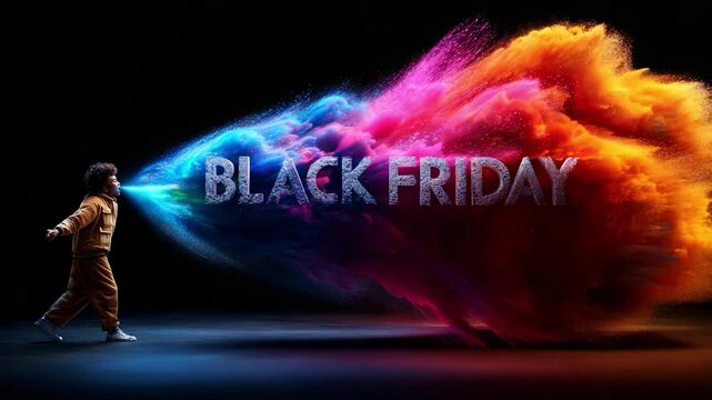 A child showcases an explosion of vibrant colors and dynamic energy, symbolizing the excitement and chaos surrounding the shopping extravaganza of Black Friday sales and deals.