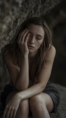 Moody Hyper-Realistic Portrait of Exhausted Woman Sitting in Dark Cave or Shelter