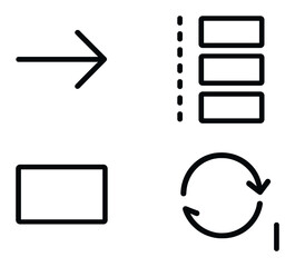 Minimalist interface icons including arrow, dashed line, rectangles, circular arrow loop