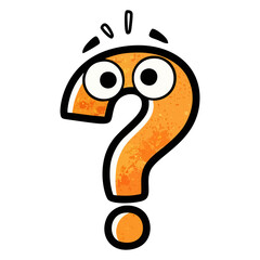 A fun cartoon question mark character with big surprised eyes and a textured orange design, expressing confusion, curiosity or asking a question