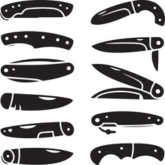 Variety of folding pocket knives in black silhouette on white background