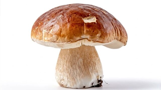 A closeup shows a large brown porcini mushroom with a thick textured stem against a stark white backdrop
