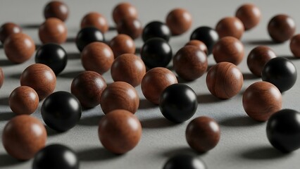 Scattered Brown and Black Marbles on a White Surface.