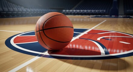 Close-up of a basketball resting on the polished wooden court of an empty stadium, ready for the next game