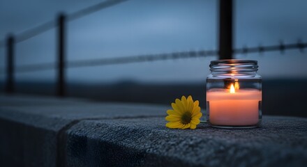 Vigil candle and yellow daisy on stone ledge against a blurred dark fence for Holocaust Remembrance Day concept and solemn tribute