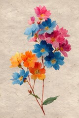 Vibrant Multicolor Watercolor Flowers on Vintage Paper &ndash; Botanical Floral Illustration with Blue, Pink, Orange Blossoms and Artistic Hand-Painted Texture