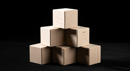 Obraz premium Arrangement of six wooden blocks stacked in a pyramid shape on a black surface in a studio setting
