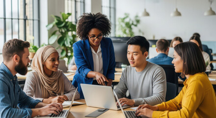 Diverse business team collaborating on project in modern office