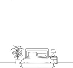Bedroom interior with a double bed, furniture, and a plant. Nightstand with lamp and houseplant in pot. Monochrome outline design elements drawing 