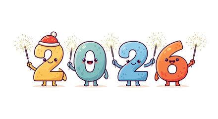 Adorable cartoon numbers celebrating New Year 2026 with sparklers and festive cheer