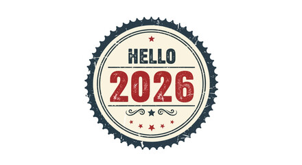 Vintage style emblem announcing Hello 2026 with stars and decorative elements