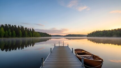 Serene Lake Scene with Dock and Boat at Sunset.