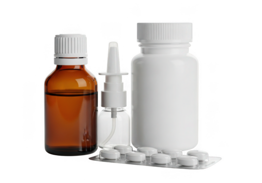Three pharmaceutical bottles and blister pack of pills isolated on transparent background