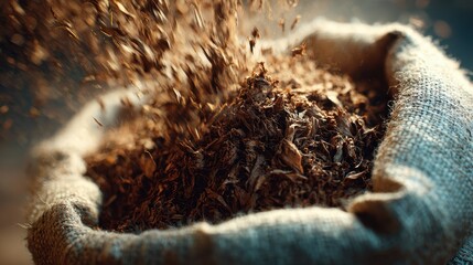 Golden Roasted Grains Cascading into Rustic Burlap Sack, Warm Light.