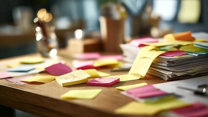 Overhead view of sticky notes and sketches no faces visible brainstorming session idea organization creative process concept mapping notes scattered planning materials desk