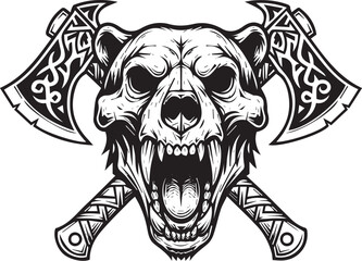 Bear Skull and Axes Illustration with Intricate Designs A Symbol of Strength and Bravery