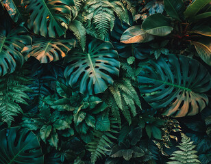 Lush tropical foliage background with various green leaves and plants