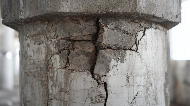 Concrete pillar with vertical and radial crack indicating pillar foundation repair need, structural damage and stabilization concept.
