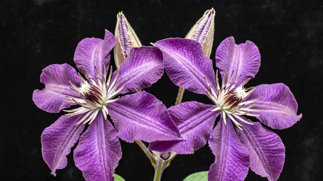 Two purple clematis flowers each with six petals and prominent stamens centered against a solid black background