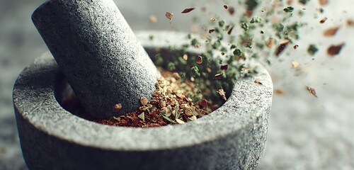 Mortar pestle crushing herbs spices detailed shot