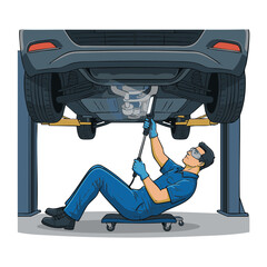 Naklejka premium Skilled automotive technician performing maintenance on a vehicle raised on a lift in a modern repair shop