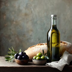Olive oil bottle with fresh olives and bread rustic background