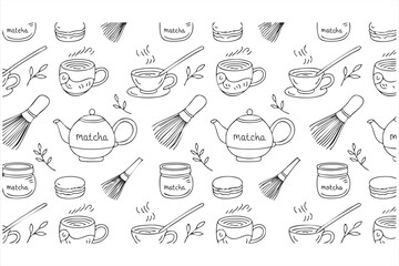 Hand-drawn matcha tea pattern for cafe packaging and culinary branding