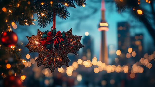 Holiday decoration hangs from a pine tree branch with blurred city skyline in the background during winter evening in Toronto