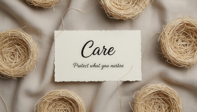 A creamy white card featuring the word Care and an inspiring message about protection and nurturing resting on a soft fabric surrounded by natural twine nests - Powered by Adobe
