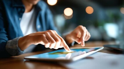 Hands navigating design app on tablet face not shown app interface digital design tablet work touch screen design software finger gestures workspace defocused with copy - Powered by Adobe