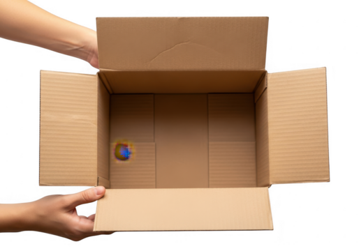 Open cardboard box held by hands isolated on transparent background